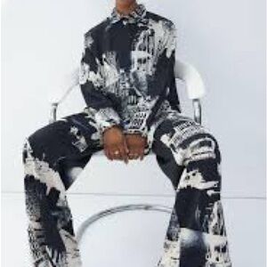 H&M Blue and Cream Graphic Print Pants